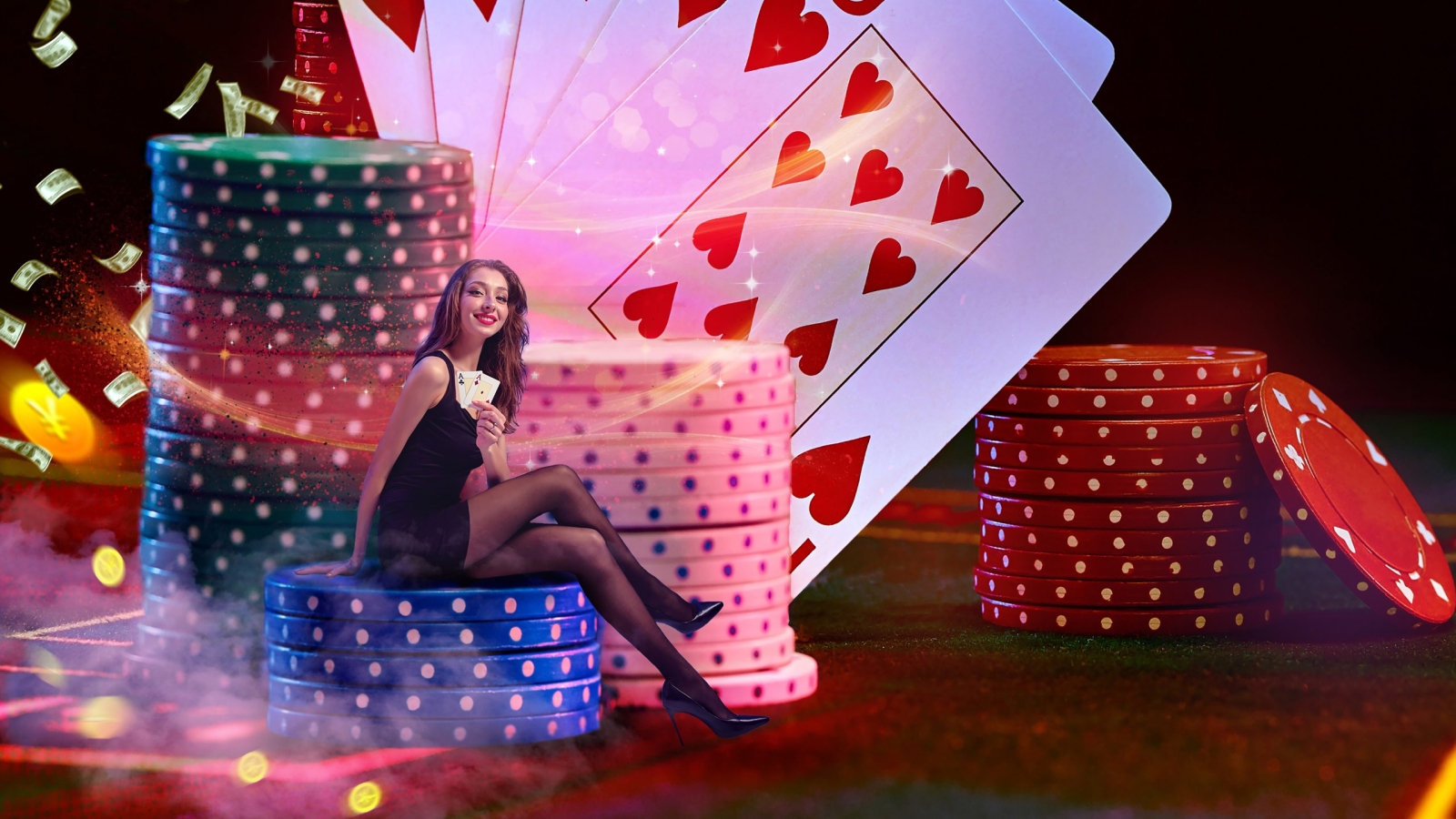 Brunette model in black dress is holding two aces, smiling, sitting on stacks of colorful chips on green playing table, against background with playing cards, flying dollars and coins. Poker, casino